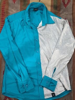 Ladies Two-Tone Teal and Metallic Silver Button-Up Shirt